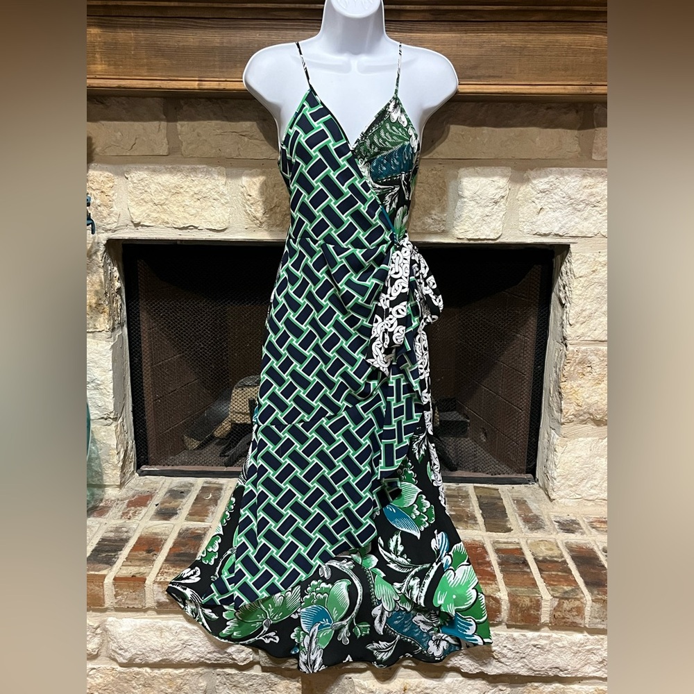 Diane Von Furstenberg Katsia Sleeveless Wrap Midi Dress Green Black Size 8 - Picture 3 of 12